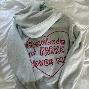Gray Hoodie with Red Heart Text